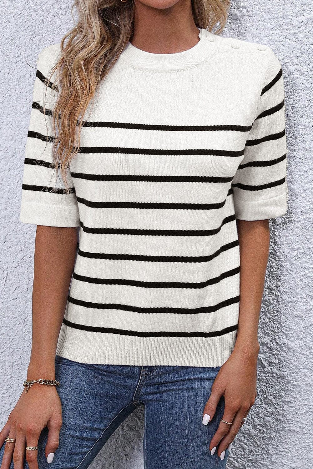 White Striped Knit Tee with Half Sleeves