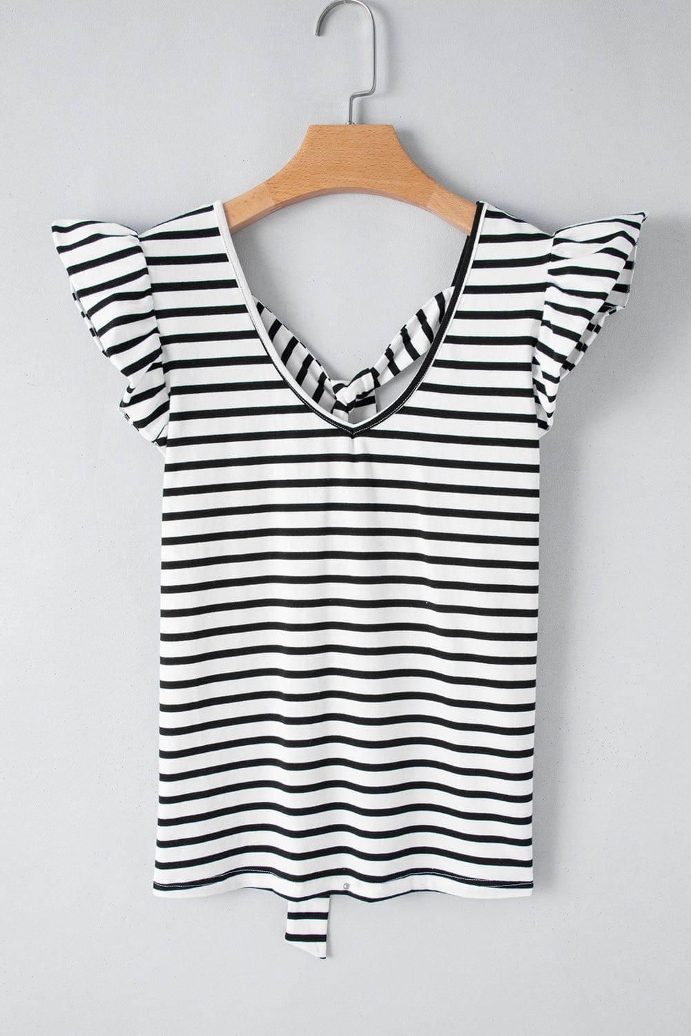 White Striped Knot Back V-Neck Butterfly Sleeve T-Shirt