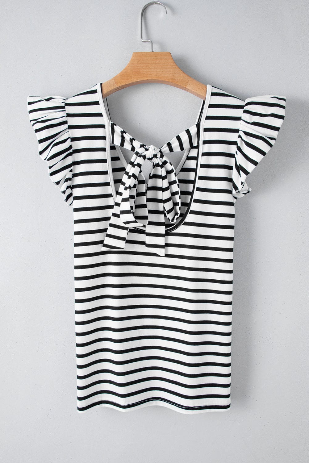 White Striped Knot Back V-Neck Butterfly Sleeve T-Shirt