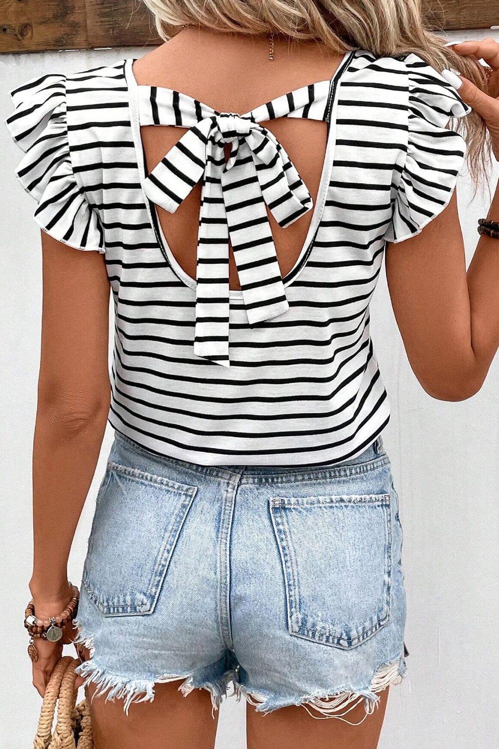 White Striped Knot Back V-Neck Butterfly Sleeve T-Shirt
