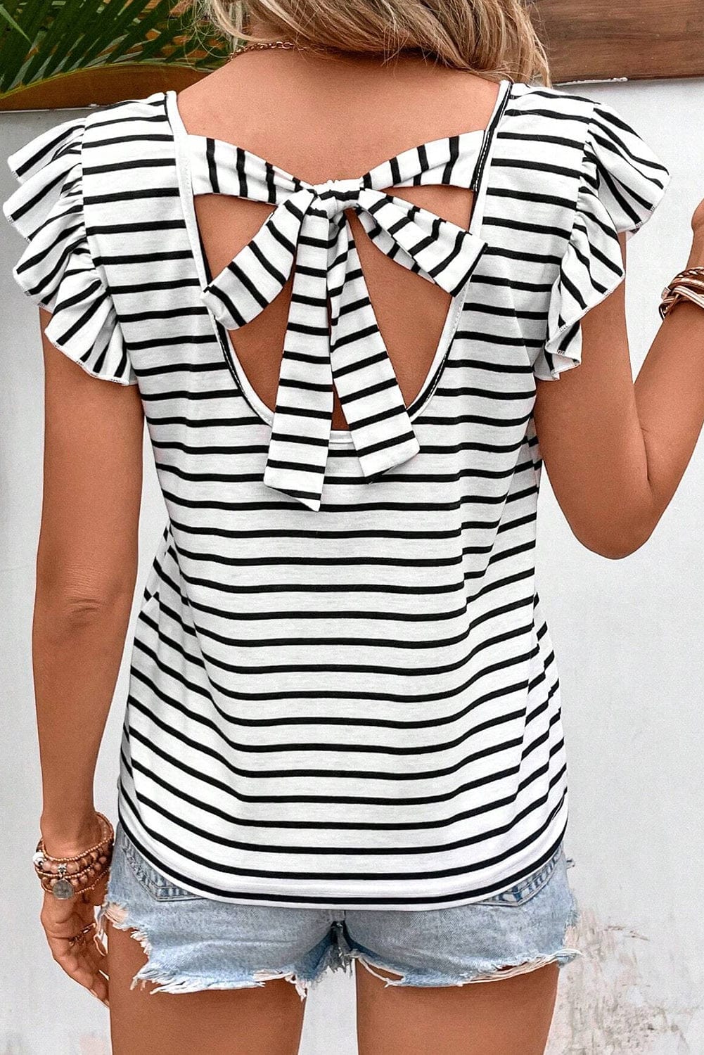 White Striped Knot Back V-Neck Butterfly Sleeve T-Shirt