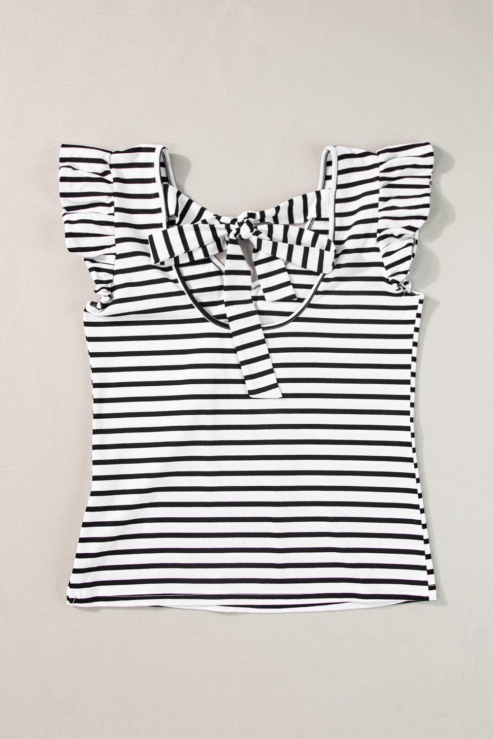 White Striped Knot Back V-Neck Butterfly Sleeve T-Shirt