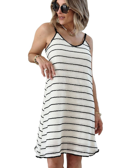 White Striped Lace Trim Knit Slip Dress with V-Neck