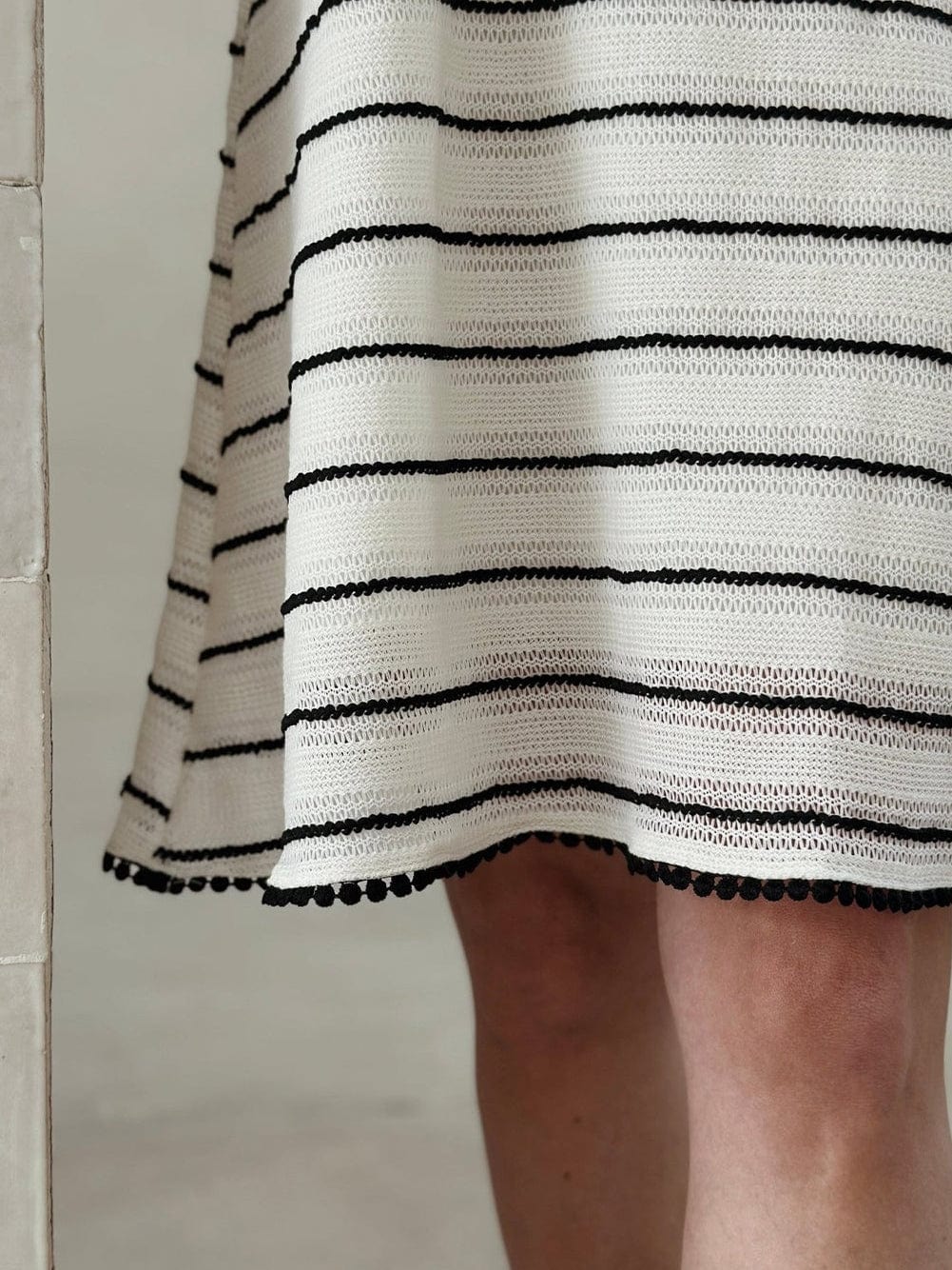 White Striped Lace Trim Knit Slip Dress with V-Neck