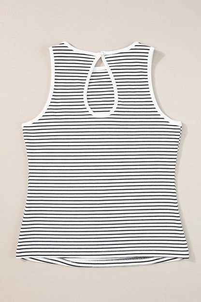 White Striped Print Ribbed Knit Sleeveless Tank Top