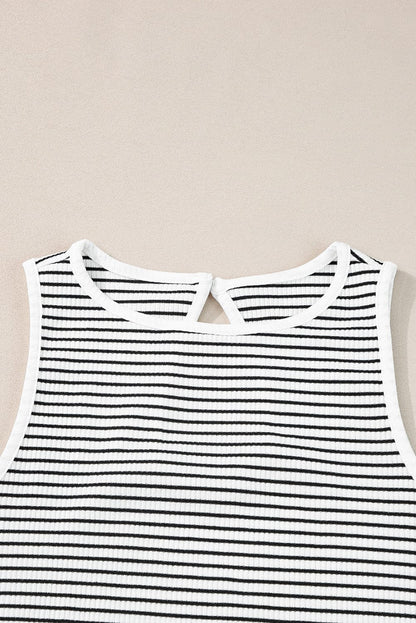 White Striped Print Ribbed Knit Sleeveless Tank Top