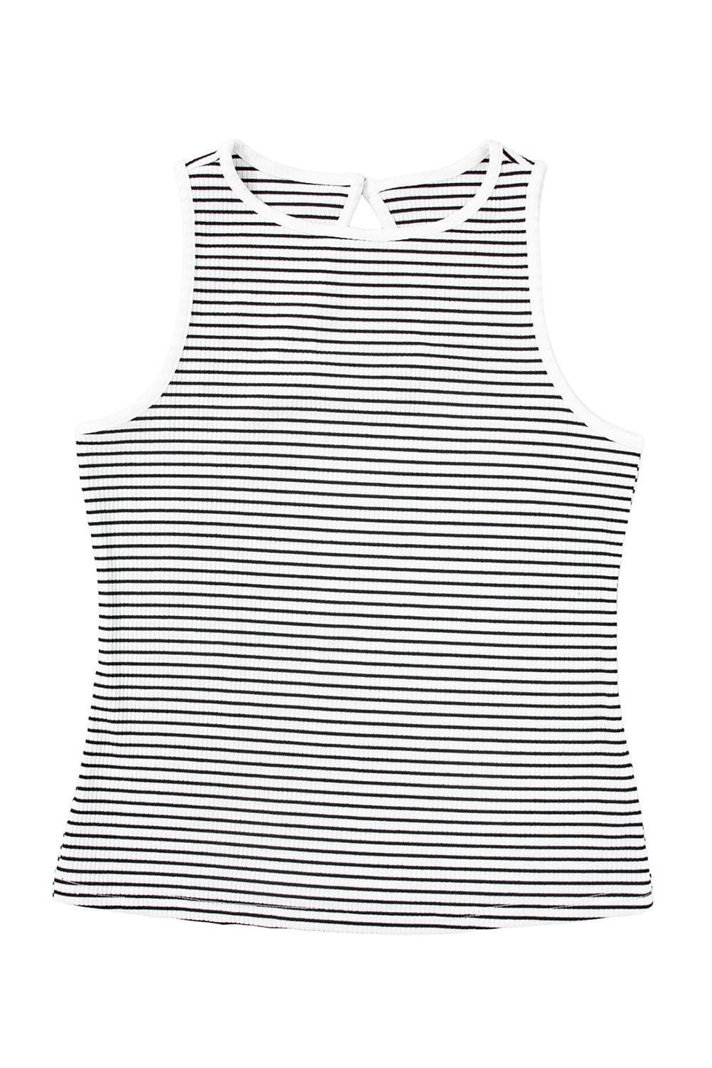 White Striped Print Ribbed Knit Sleeveless Tank Top