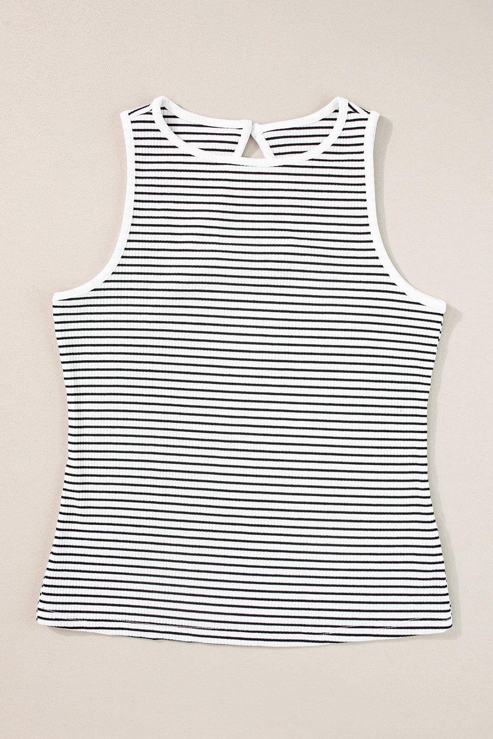 White Striped Print Ribbed Knit Sleeveless Tank Top