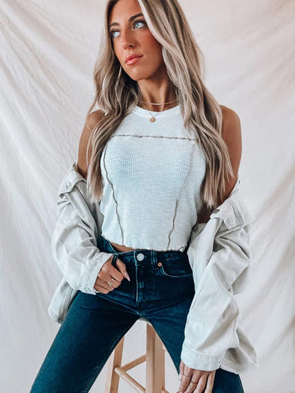 White Textured Sleeveless Tank Top with Contrast Seams