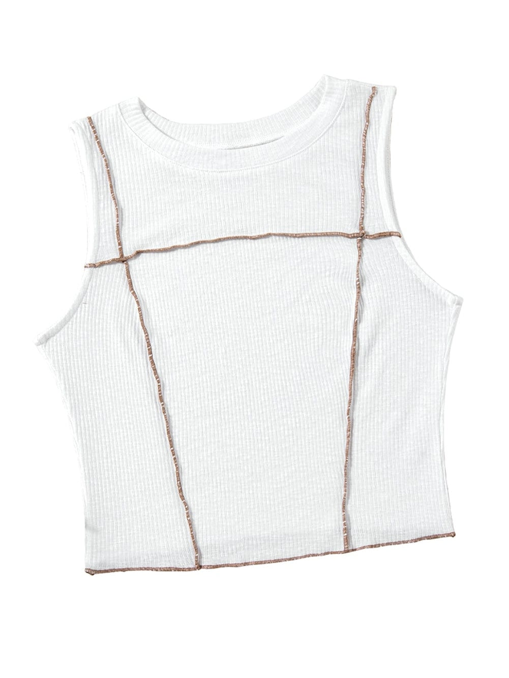 White Textured Sleeveless Tank Top with Contrast Seams