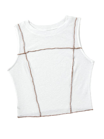 White Textured Sleeveless Tank Top with Contrast Seams