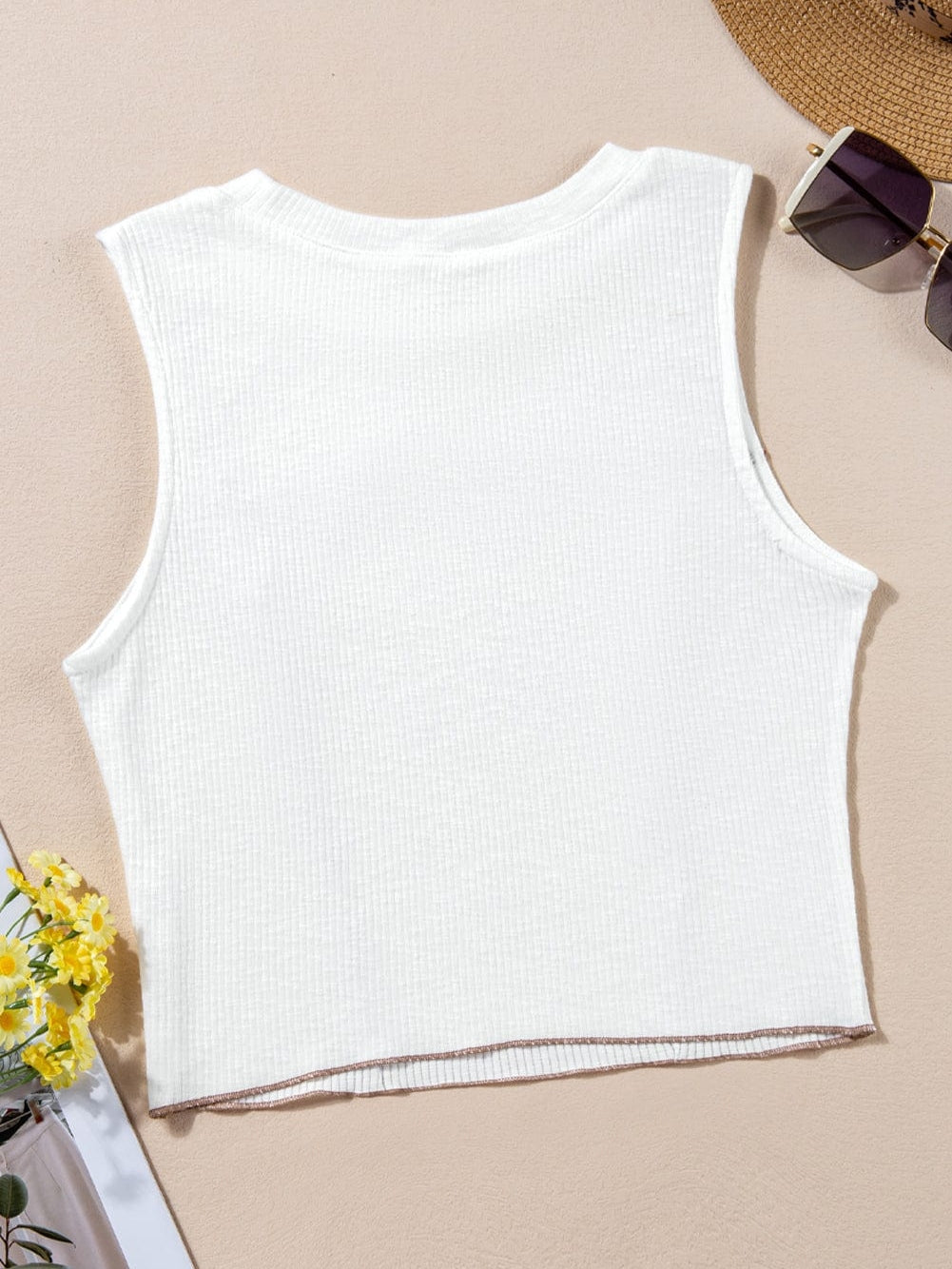 White Textured Sleeveless Tank Top with Contrast Seams