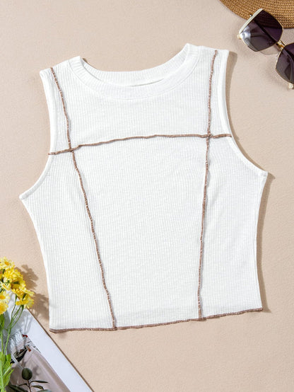 White Textured Sleeveless Tank Top with Contrast Seams