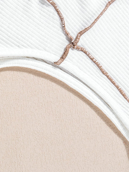 White Textured Sleeveless Tank Top with Contrast Seams