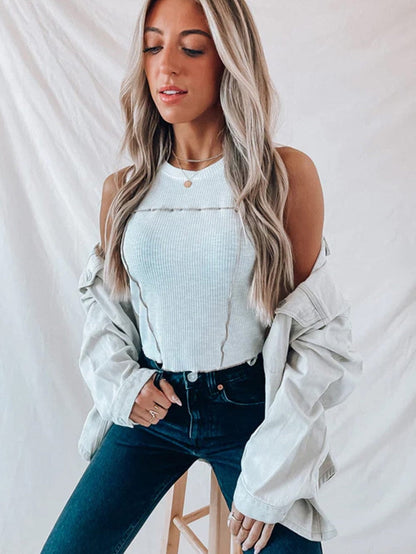 White Textured Sleeveless Tank Top with Contrast Seams