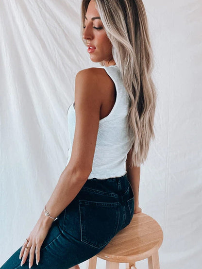 White Textured Sleeveless Tank Top with Contrast Seams