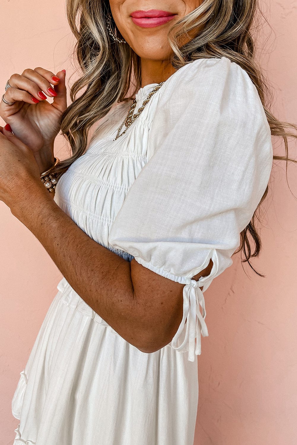 White Tie Ruffle Mini Dress with Puff Sleeves