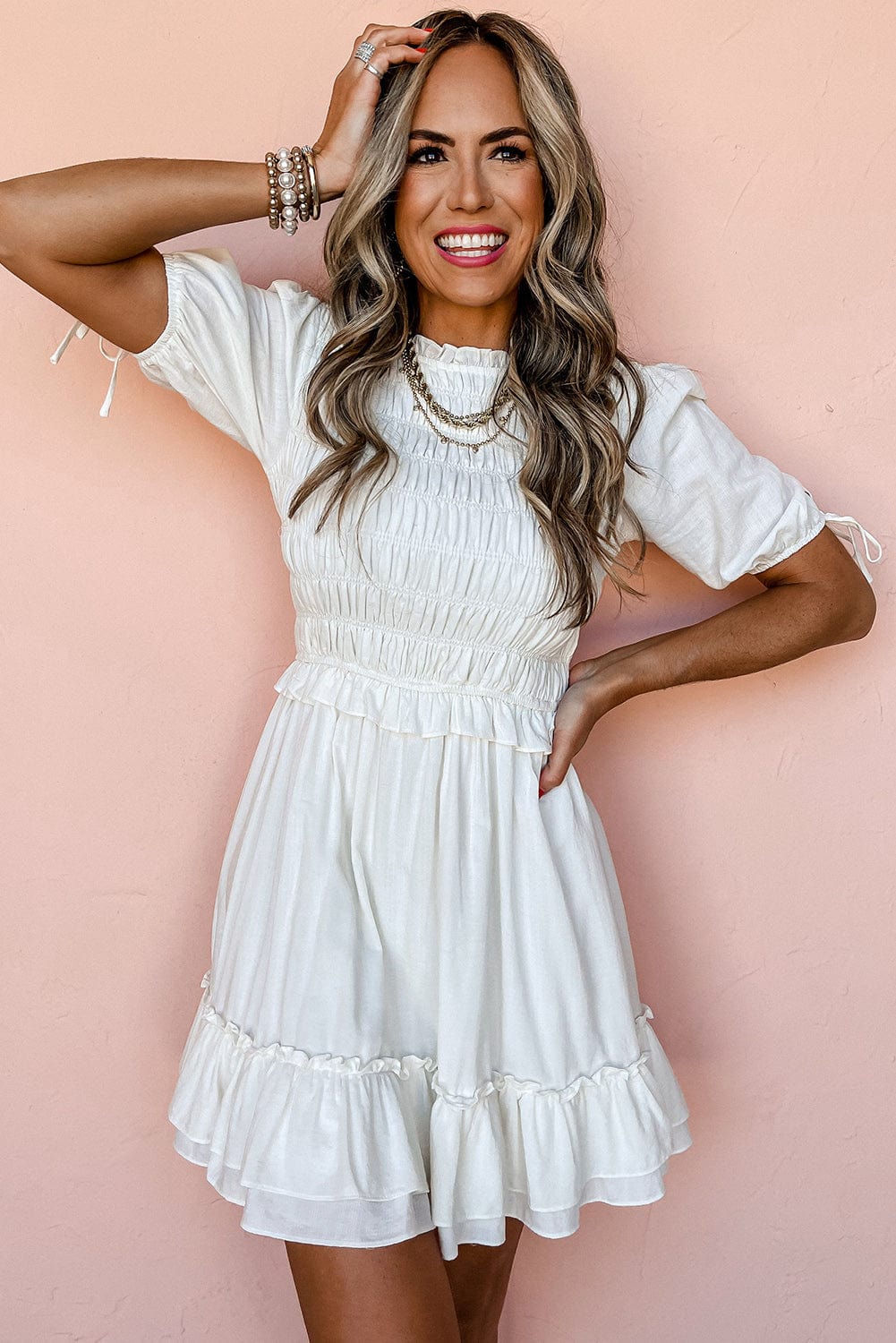 White Tie Ruffle Mini Dress with Puff Sleeves