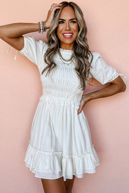 White Tie Ruffle Mini Dress with Puff Sleeves