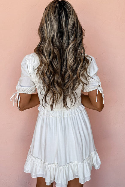 White Tie Ruffle Mini Dress with Puff Sleeves