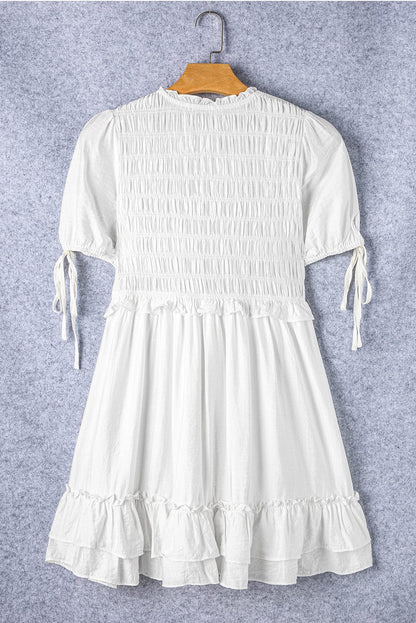 White Tie Ruffle Mini Dress with Puff Sleeves