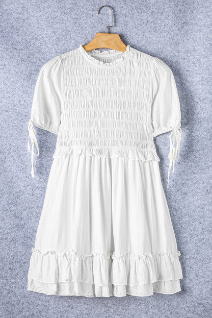 White Tie Ruffle Mini Dress with Puff Sleeves
