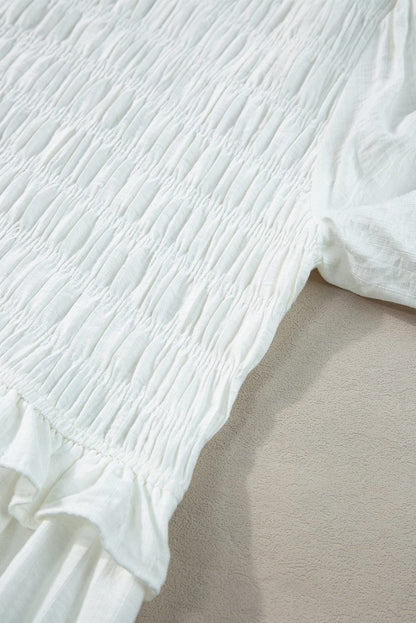 White Tie Ruffle Mini Dress with Puff Sleeves