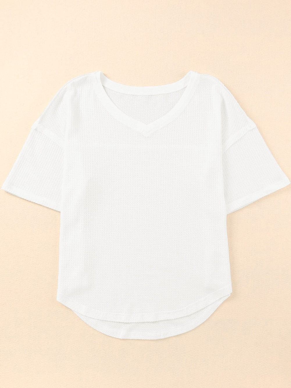 White V-Neck Waffle Knit Loose Top