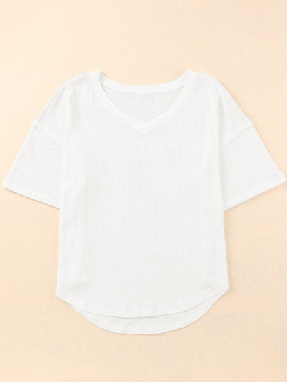 White V-Neck Waffle Knit Loose Top