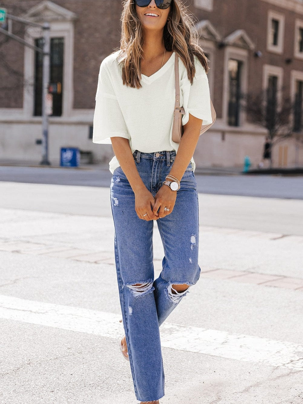 White V-Neck Waffle Knit Loose Top