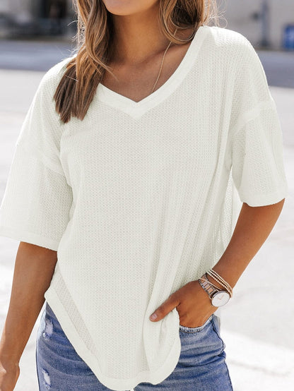 White V-Neck Waffle Knit Loose Top