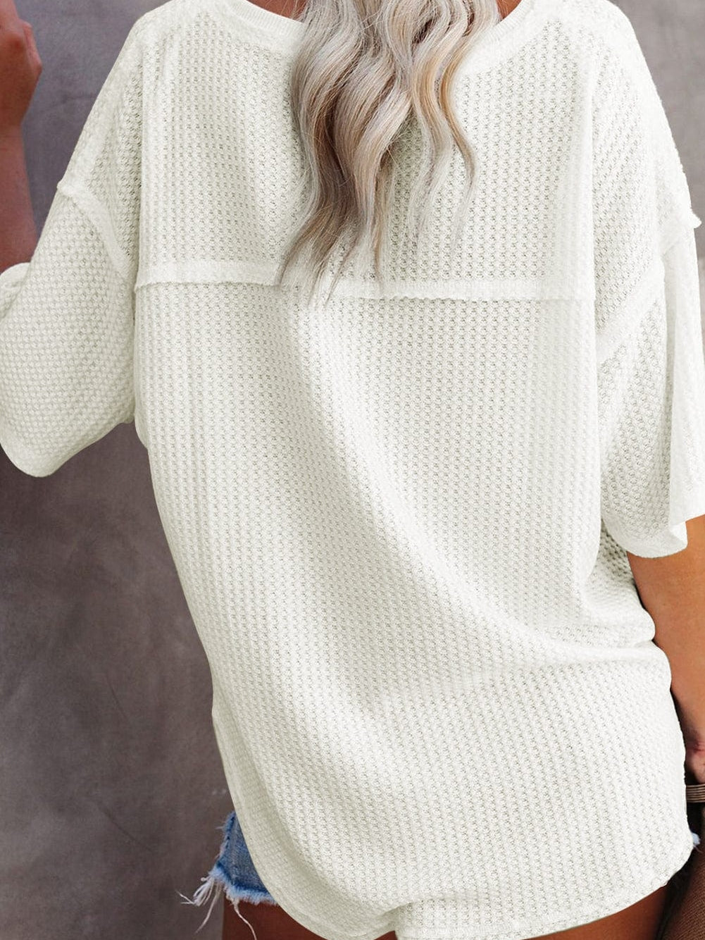 White V-Neck Waffle Knit Loose Top