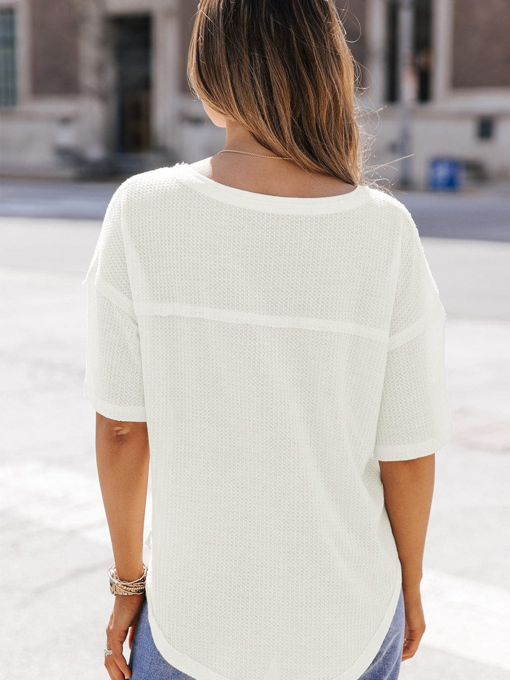 White V-Neck Waffle Knit Loose Top