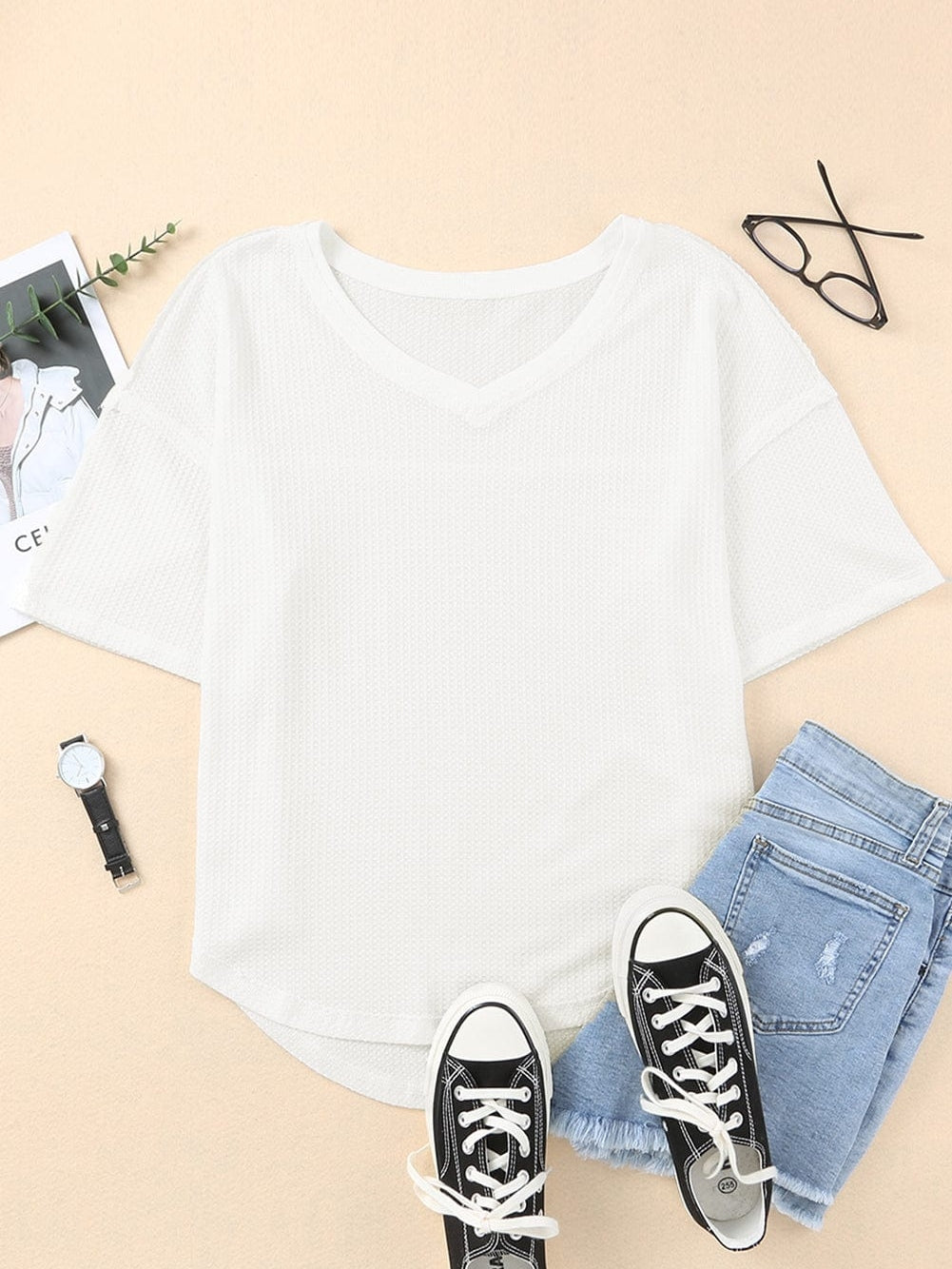 White V-Neck Waffle Knit Loose Top