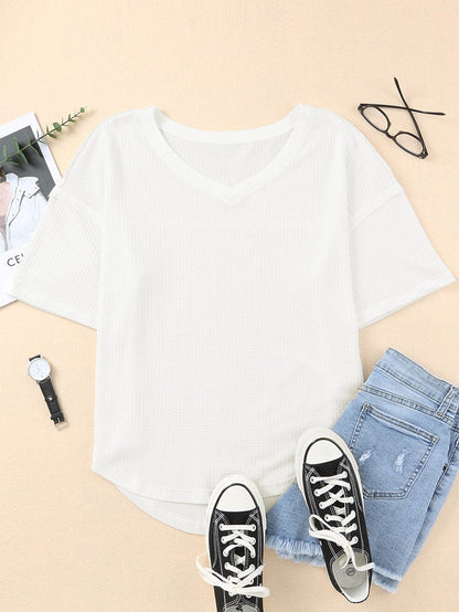 White V-Neck Waffle Knit Loose Top