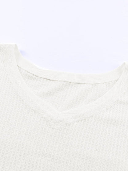 White V-Neck Waffle Knit Loose Top