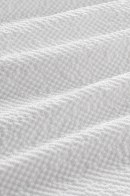 White Waffle Knit Flutter Sleeve Blouse with Notch Neck Detail