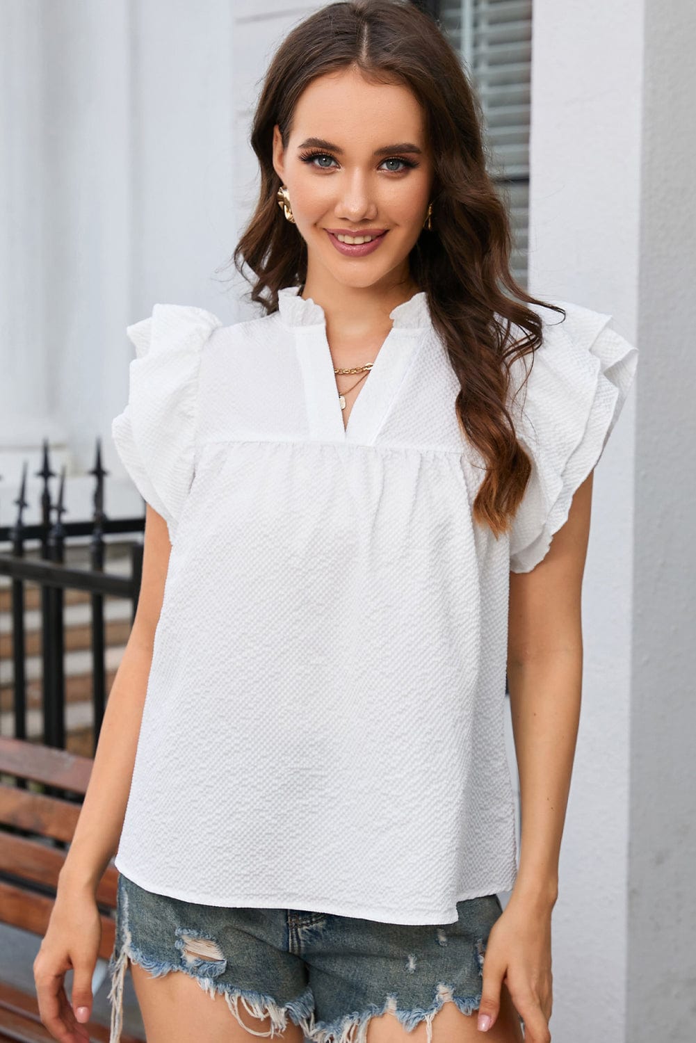 White Waffle Knit Flutter Sleeve Blouse with Notch Neck Detail