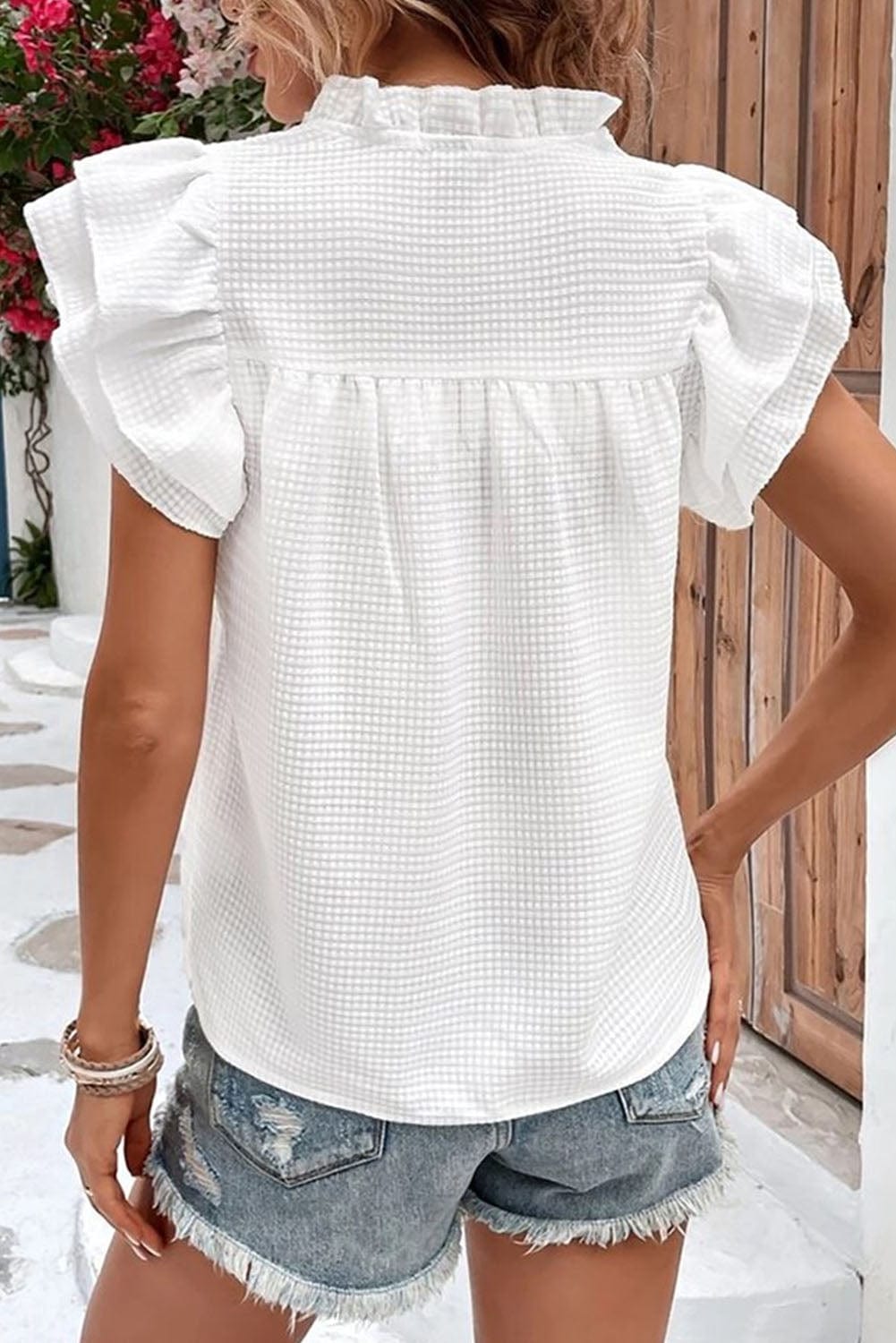White Waffle Knit Flutter Sleeve Blouse with Notch Neck Detail