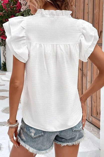 White Waffle Knit Flutter Sleeve Blouse with Notch Neck Detail
