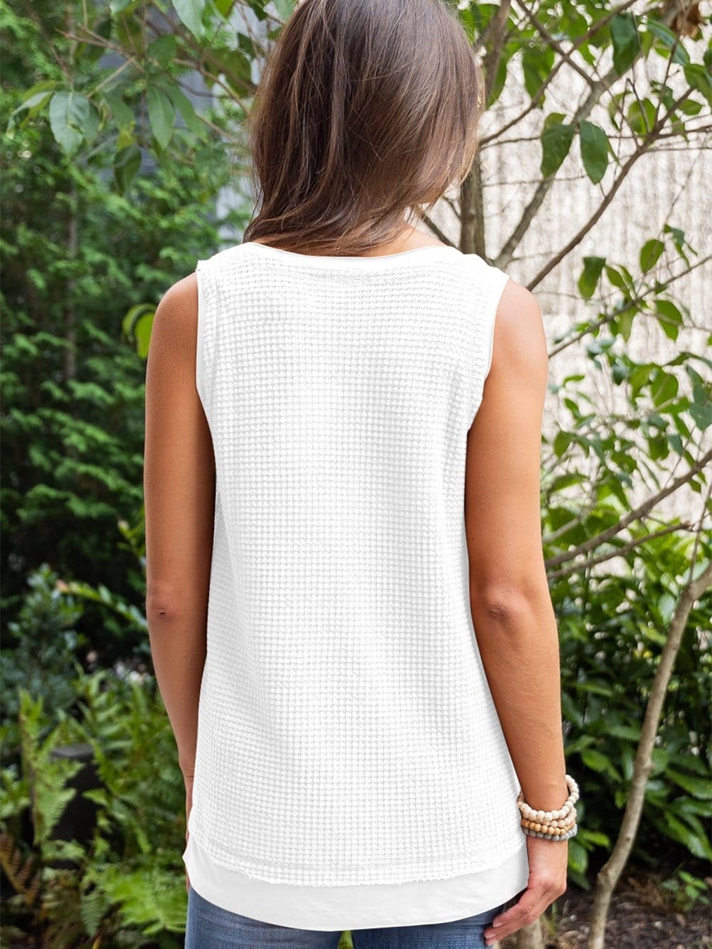 White Waffle Knit Sleeveless Flowy Tank Top