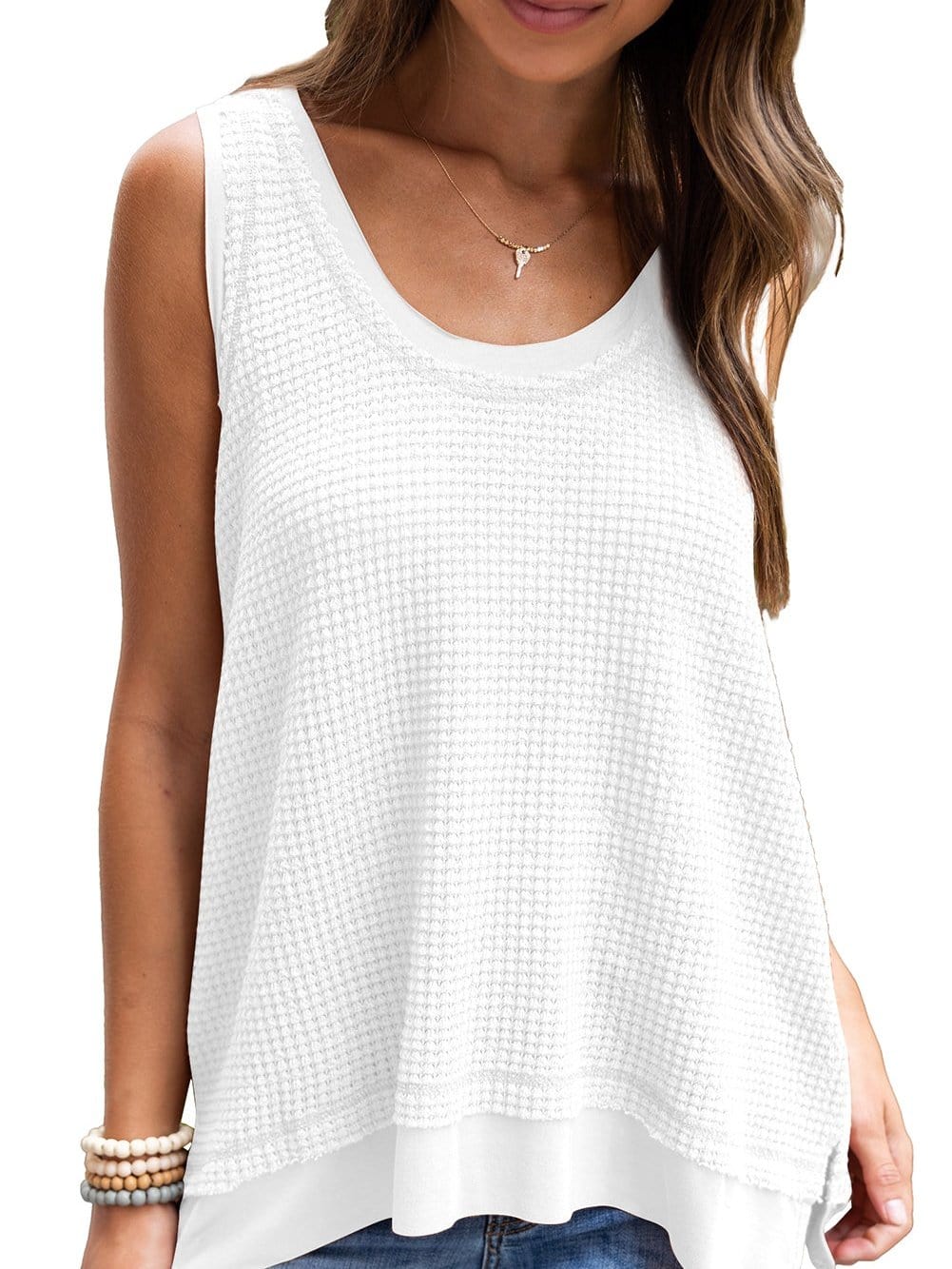 White Waffle Knit Sleeveless Flowy Tank Top