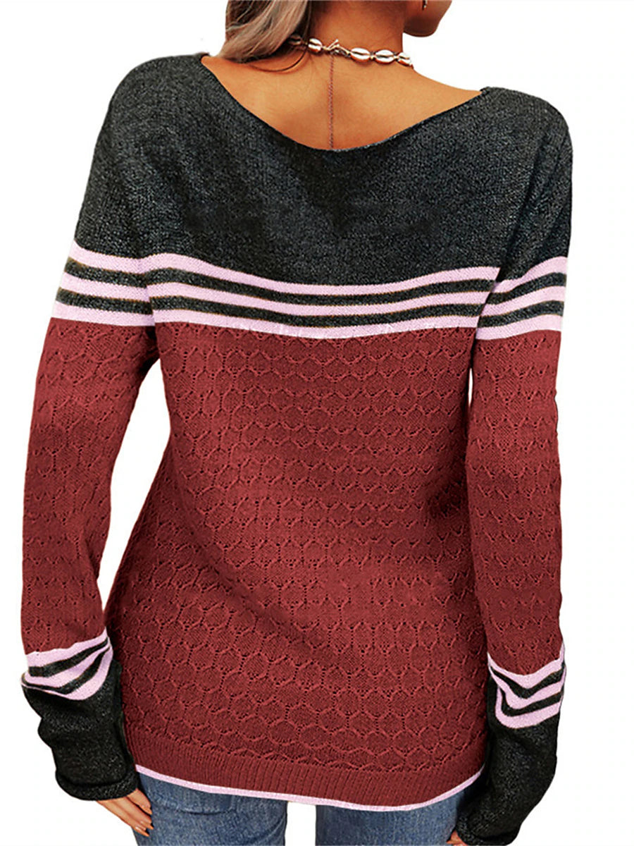 Women's Pullover Sweater Jumper Crew Neck Ribbed Knit Acrylic Patchwork Fall Winter Regular Outdoor Daily Going out Stylish Casual Soft Long Sleeve Color Block Striped Black White Pink S M L