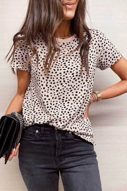 Wild Cheetah Pattern Round Neck Tee with Short Sleeves