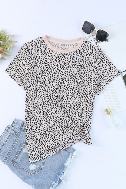 Wild Cheetah Pattern Round Neck Tee with Short Sleeves