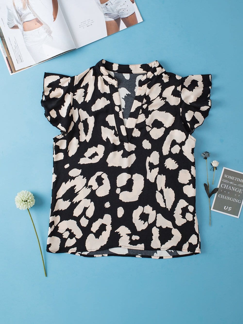 Wild Leopard Flutter Blouse with Split Neck