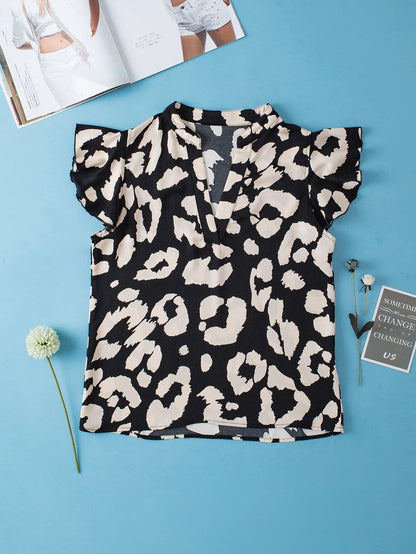 Wild Leopard Flutter Blouse with Split Neck