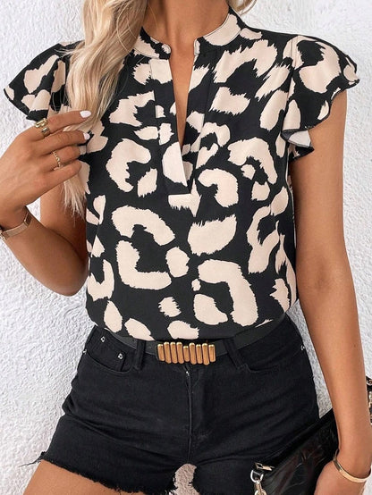Wild Leopard Flutter Blouse with Split Neck