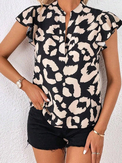 Wild Leopard Flutter Blouse with Split Neck