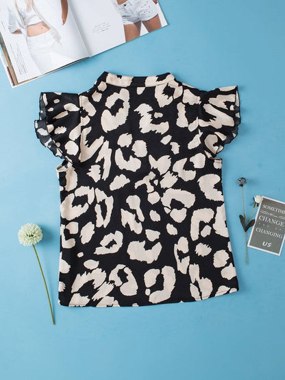 Wild Leopard Flutter Blouse with Split Neck